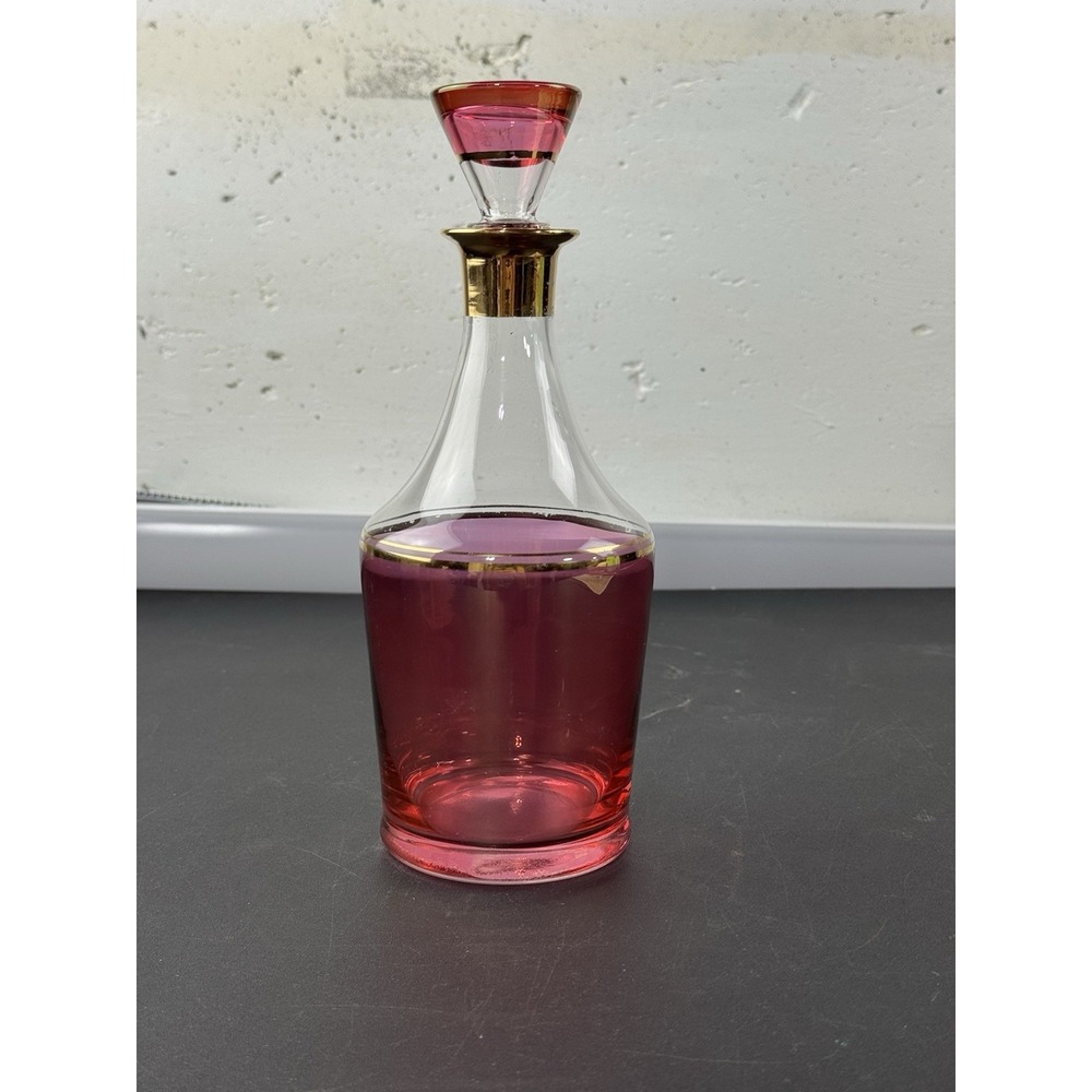 Cranberry Glass Decanter and Matching Cordial Glasses Set 7-piece MCM
